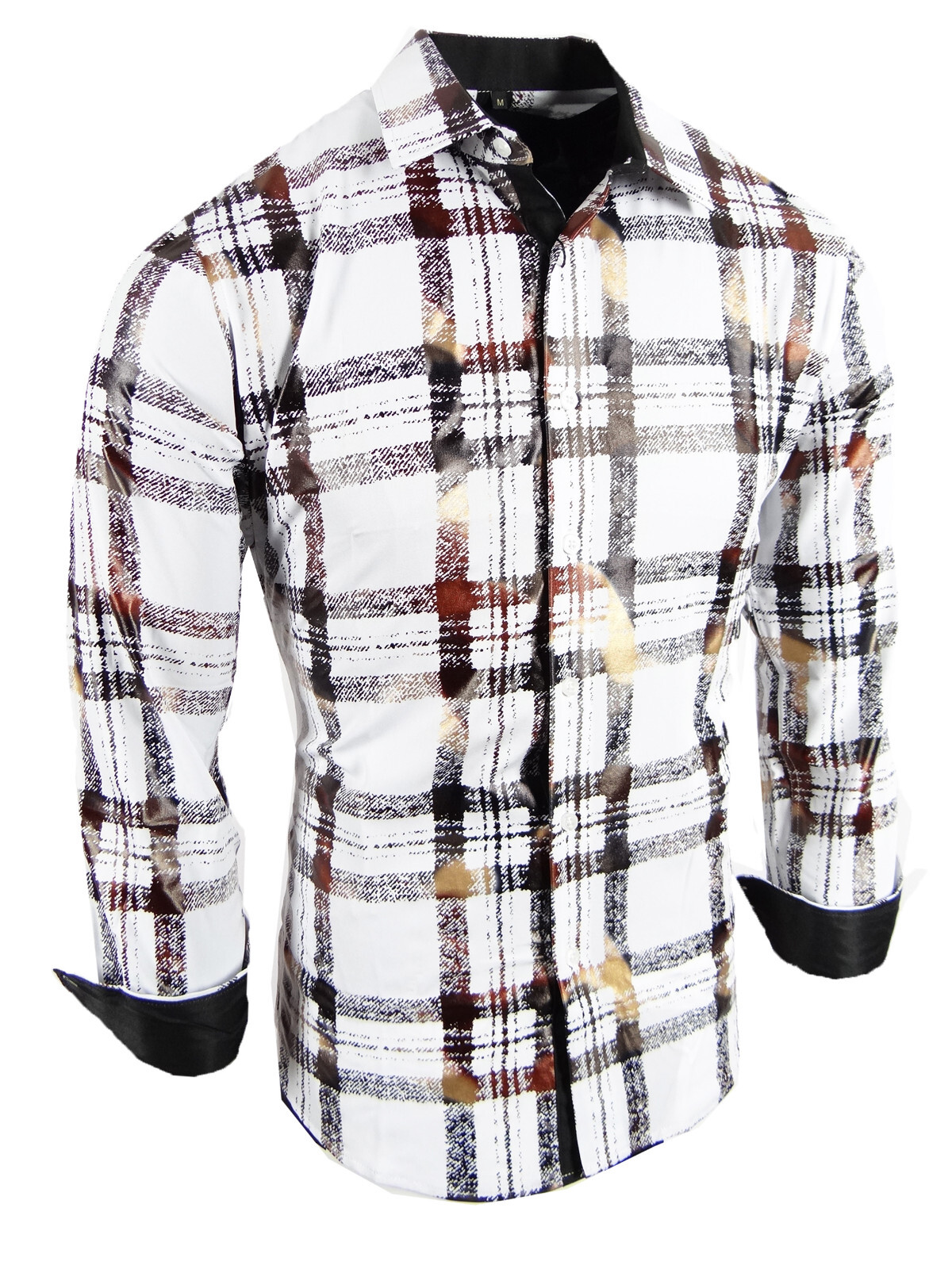Mens Shirt Designer Plaid Print Bronze Leaf Foil Overlay Stretch Slim Fit Button