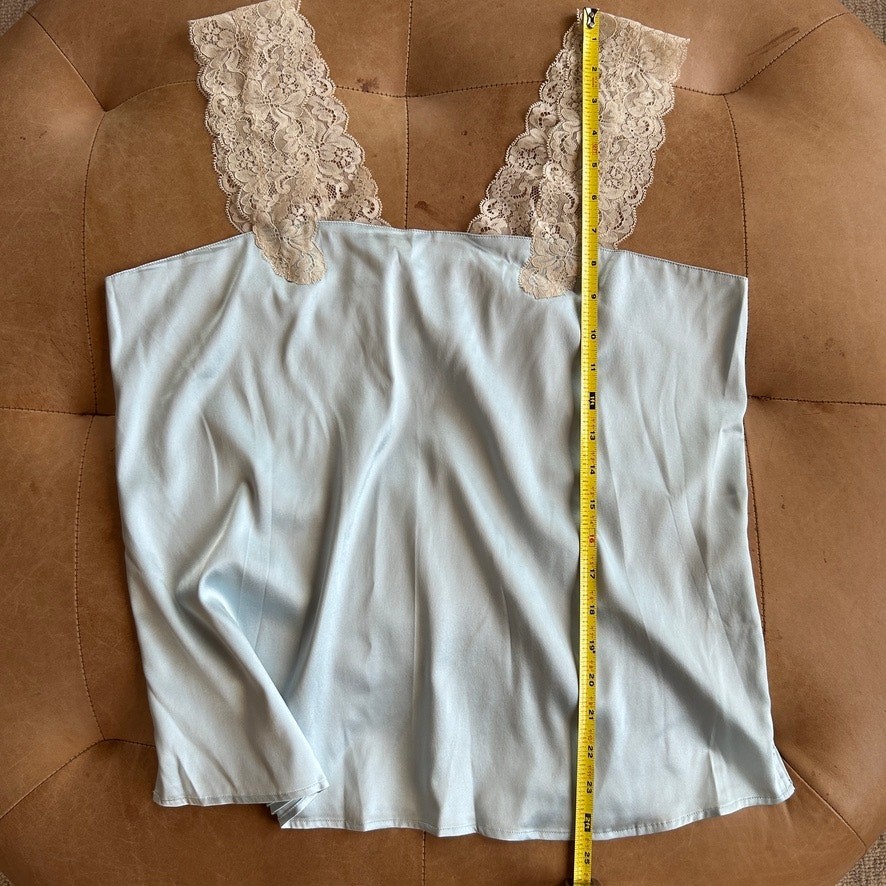 Silk Lace Trim Cami Tank Top Soft Blue Lingerie Inspired Coquette Layering L