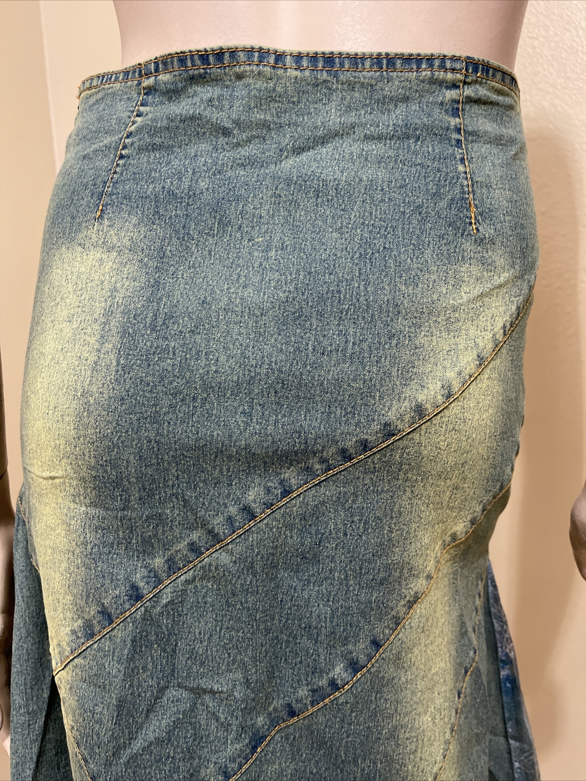 Women’s Aquamarine Denim Cotton Boho Beads Lace Stretch Size L(8-10) Skirt 3256