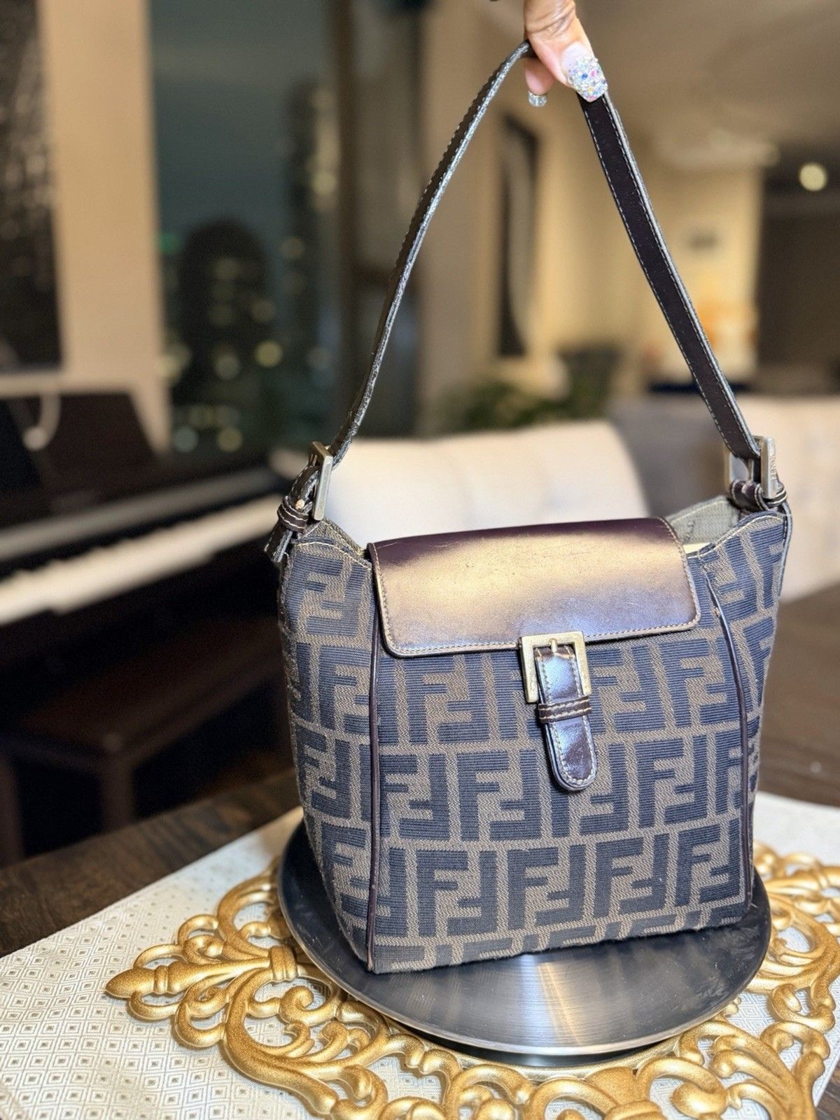 ✨ Authentic Fendi Zucca Shoulder Top Handle Crossbody Bag Canvas & Leather FF