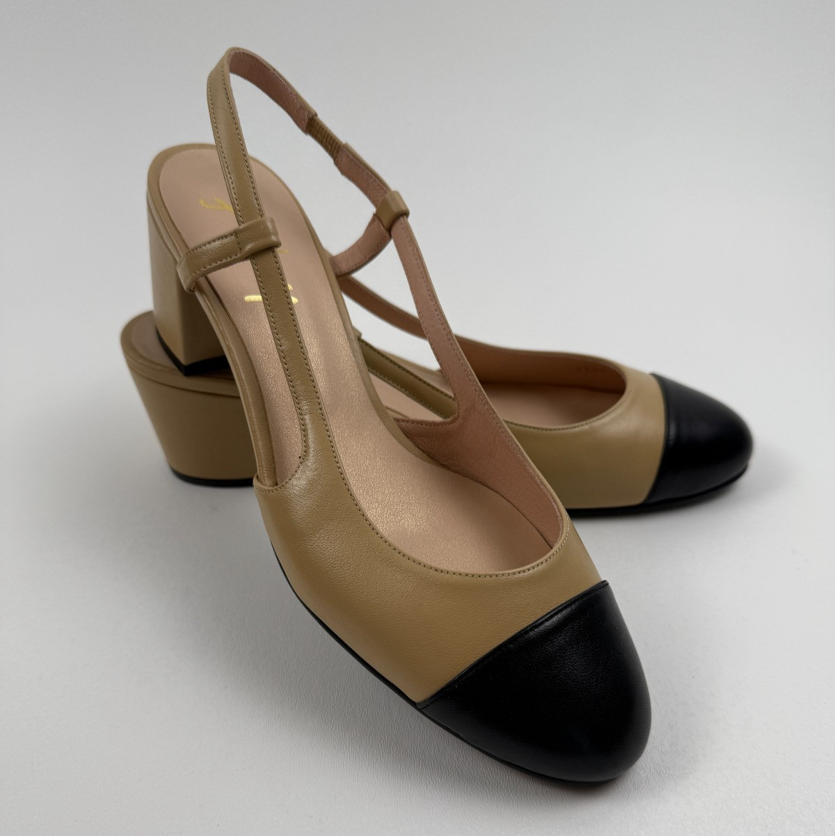 French Sole FS/NY Tuckernuck Slingback Baton Heels Camel Napa/Black NWT