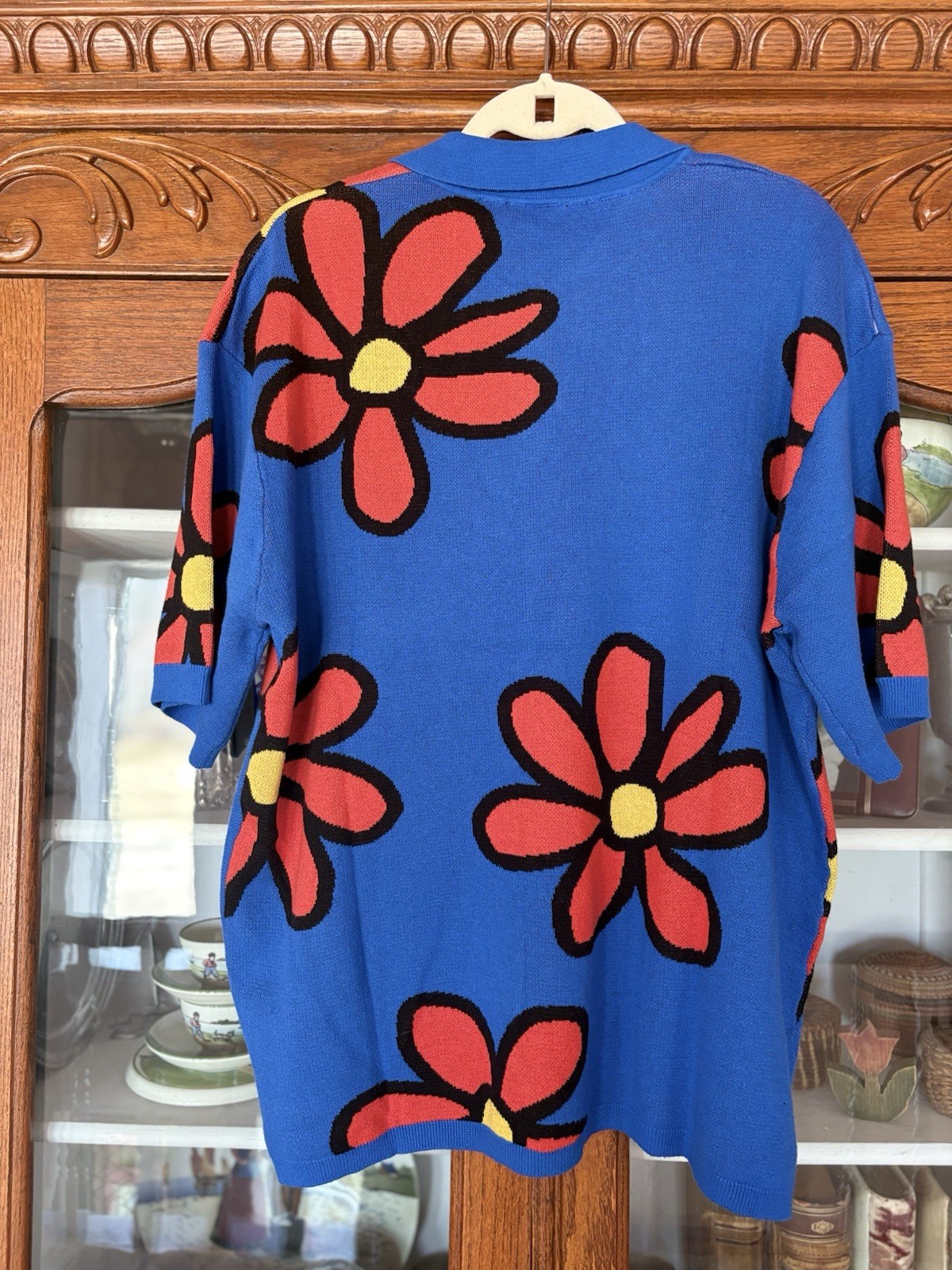 NWT WESC SIZE L MENS BLUE FLORAL COTTON KNIT COLLARED PULLOVER POLO AMAZING!