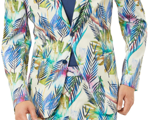 Tallia Men’s Cotton Blend Tropical Slim Fit Blazer in Blue Cream-XL 44-46