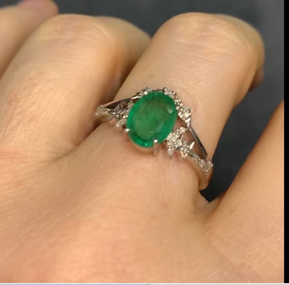 Natural Emerald Ring, Diamond Halo Ring, 925 Sterling Silver Ring, Handmade I