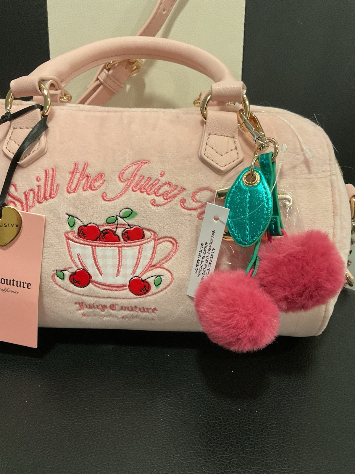 Juicy Couture Pink Embroidered Satchel Top Handle Zip Bag w/Charms, Strap