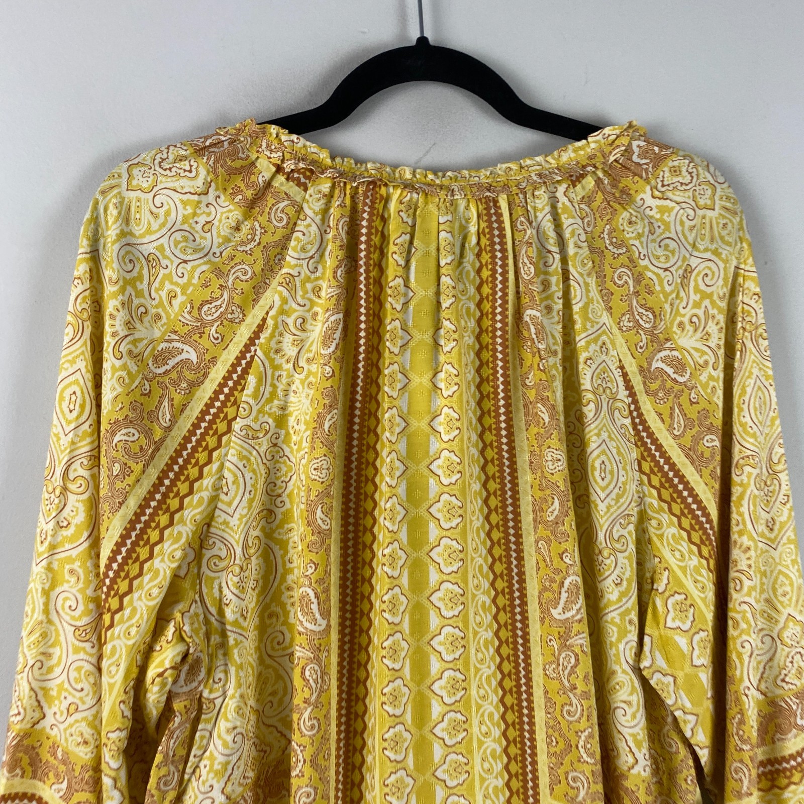 Rose + Olive Paisley Peasant Blouse Size Large Boho Tie Popover Yellow Rayon
