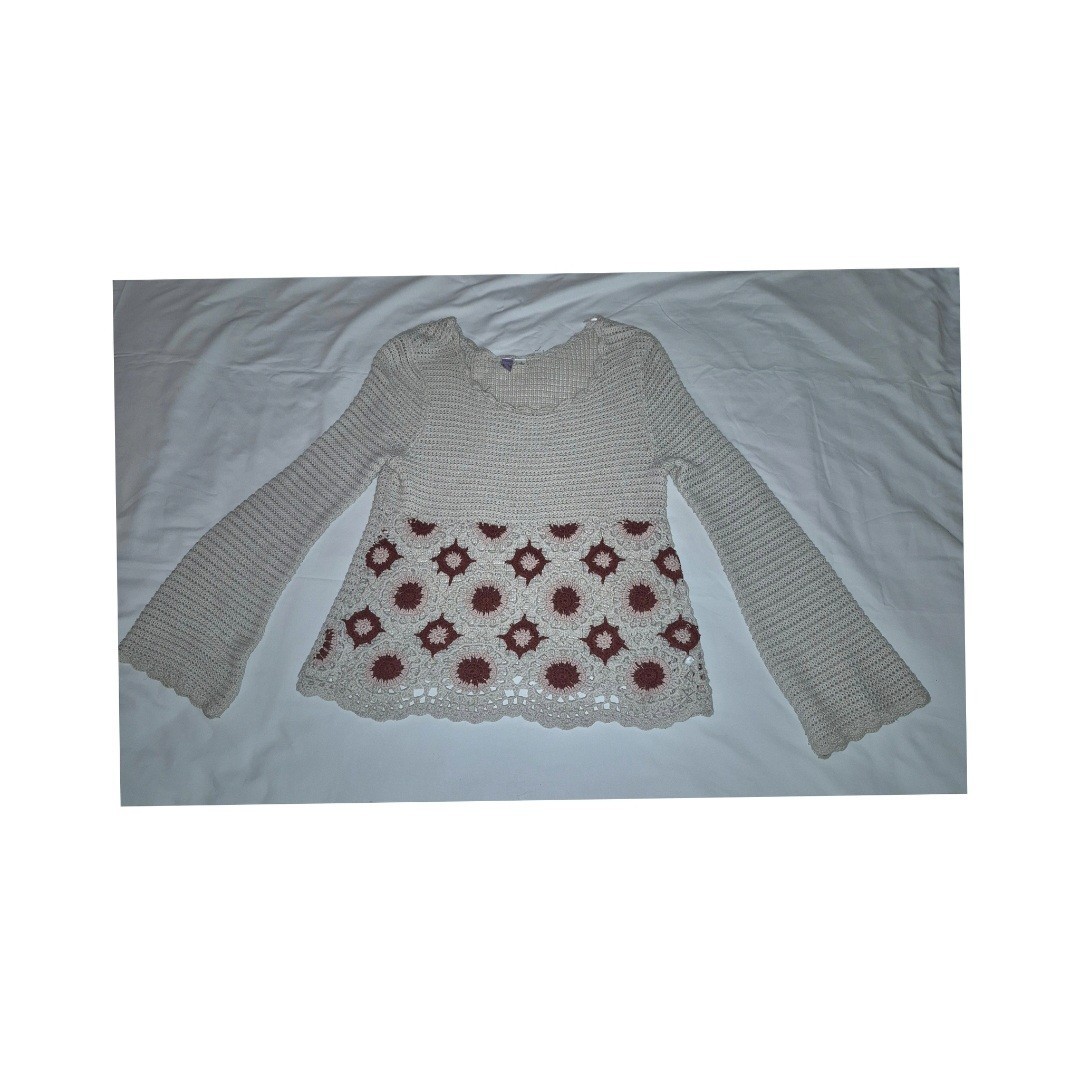 francesca’s Beige/Red Crochet Open-Knit Floral Sweater Scoop Neck Bell S