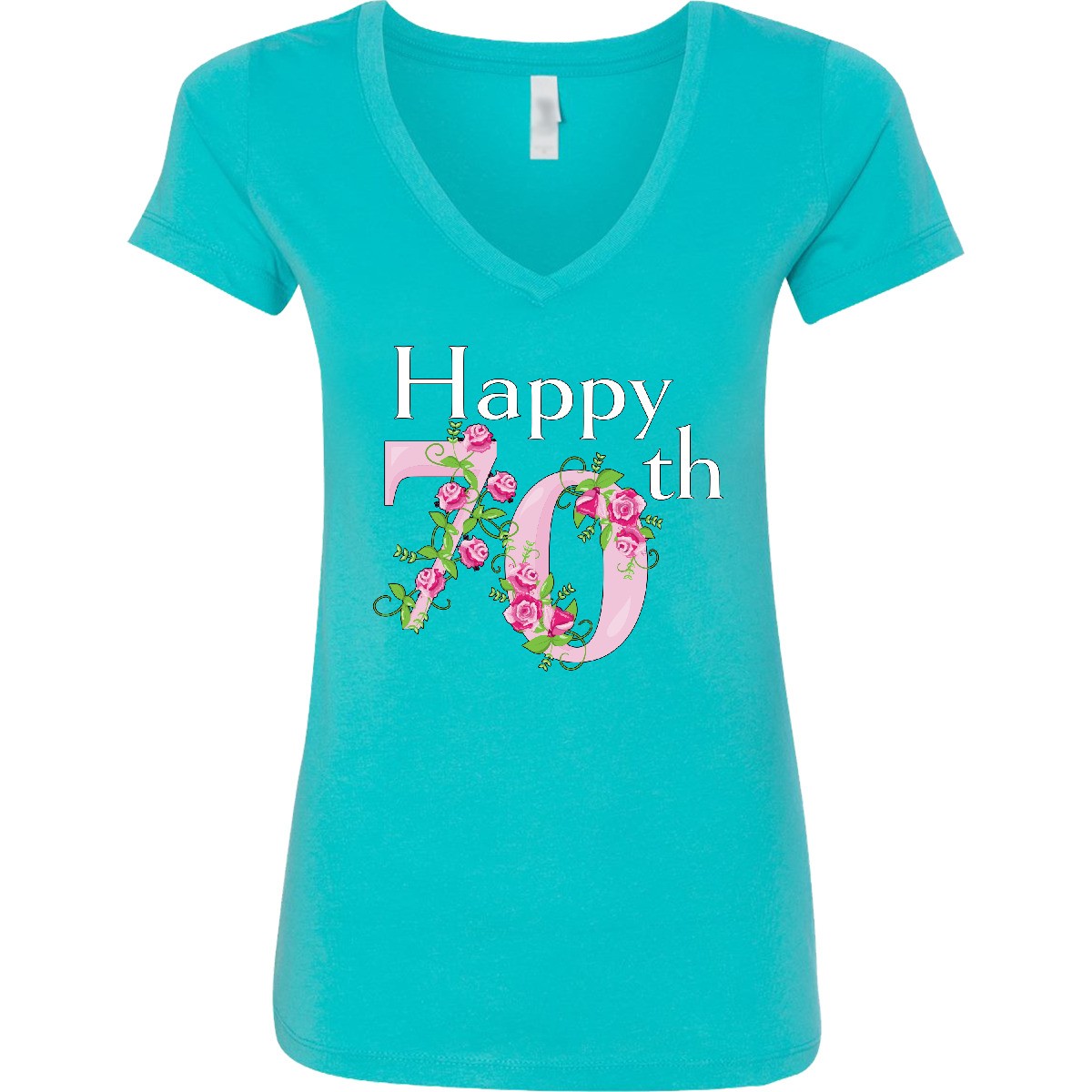Inktastic Happy 70th Birthday With Roses Women’s V-Neck T-Shirt Birthdays Adult