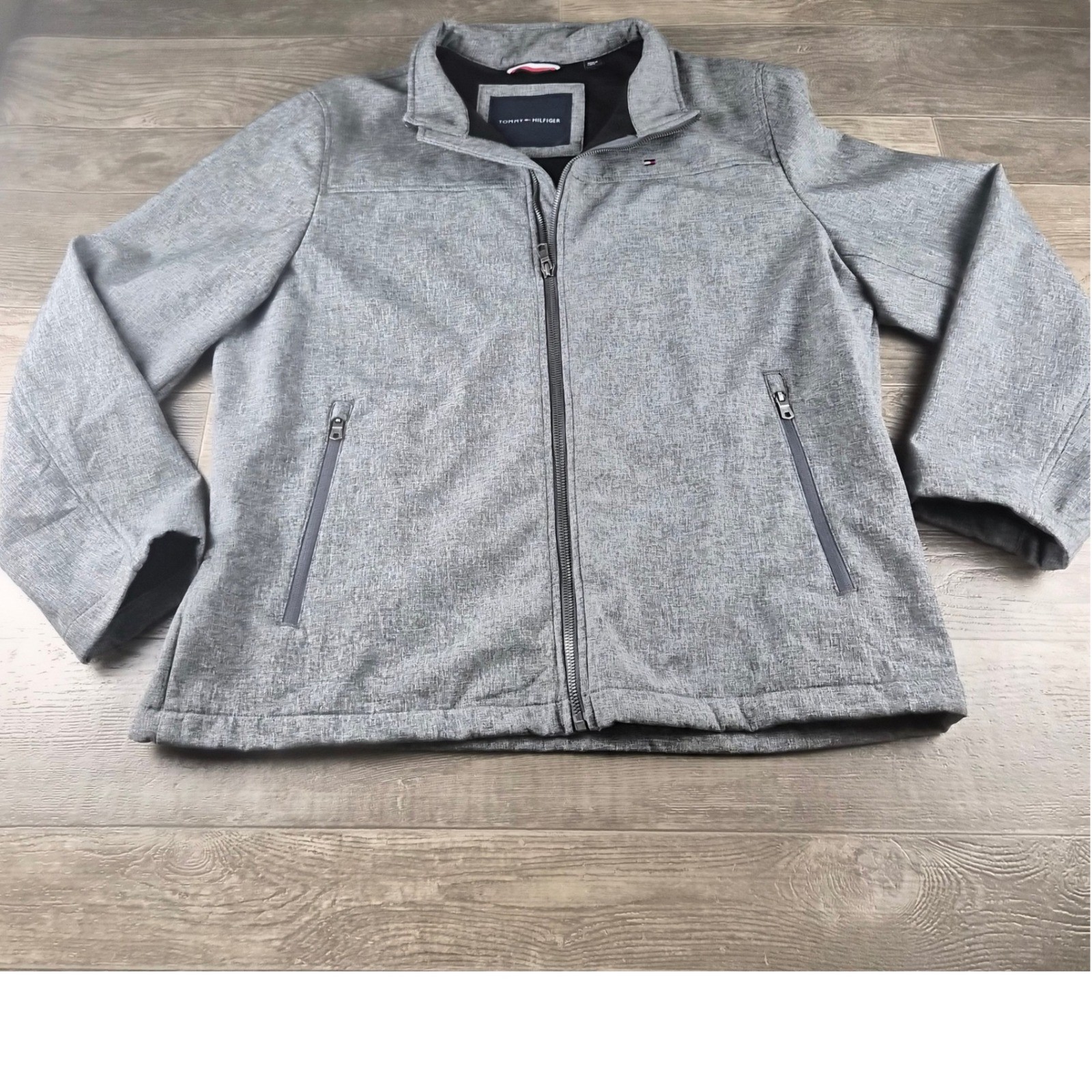 Tommy Hilfiger Softshell Jacket Mens XL Gray Full Zip Fleece Lined Zip Pockets