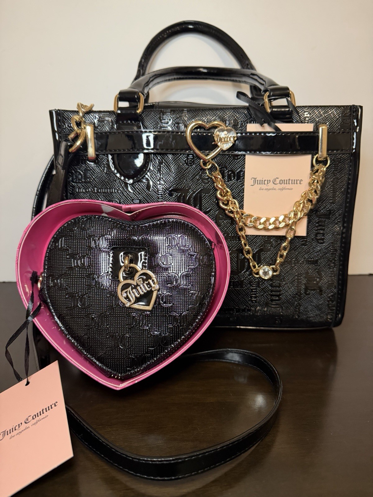 NWT Juicy Couture Mini Tote – Liquorice Black with Heart Wallet Set