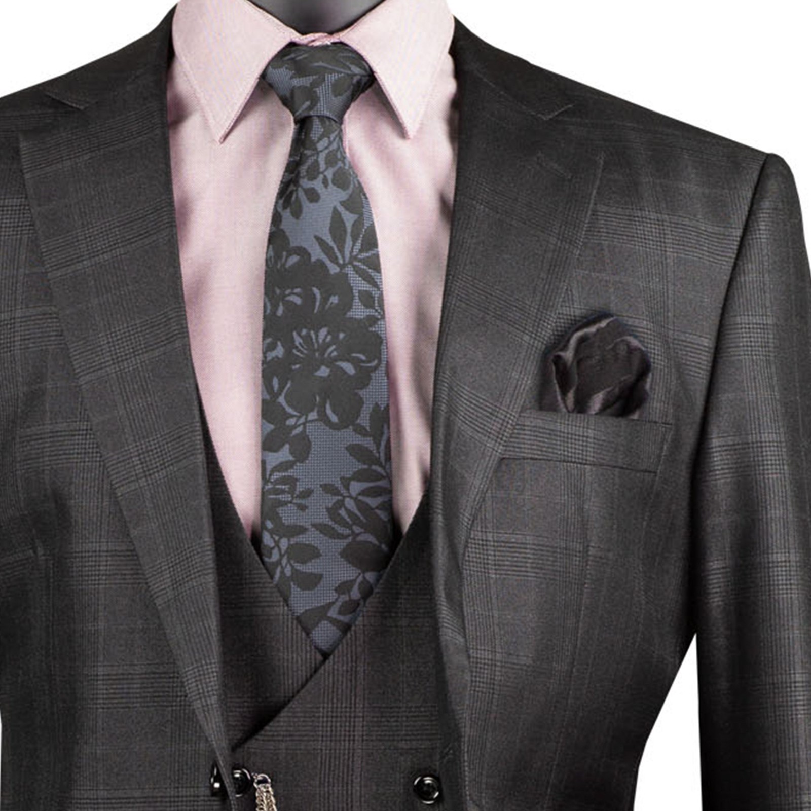 VINCI Men’s Black Sharkskin Glen Plaid 3pc Classic Fit Suit w/ Flex Waist – NEW
