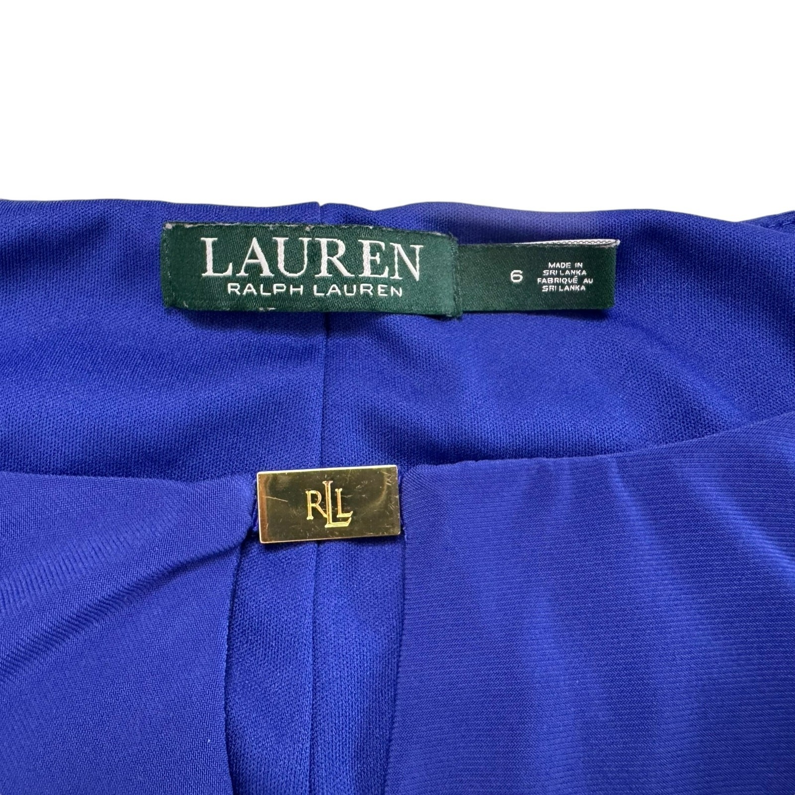 RALPH LAUREN LRL Cobalt Blue Keyhole Gold Logo Faux Wrap Dress Sz 6 Jersey Knit