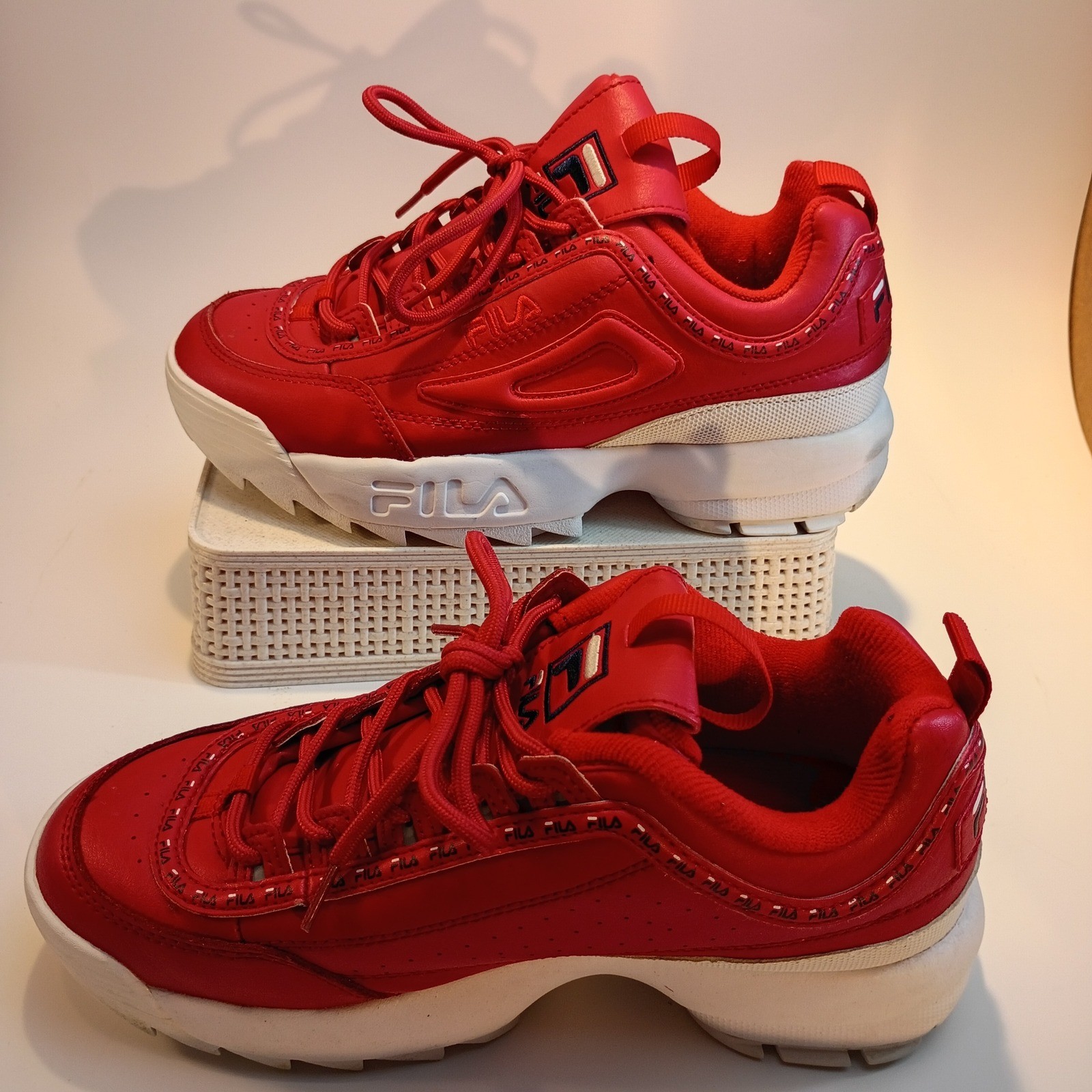Fila Disruptor 2 Premium Repeat Red White Chunky Sneakers 5FM00079-616 Womens 8