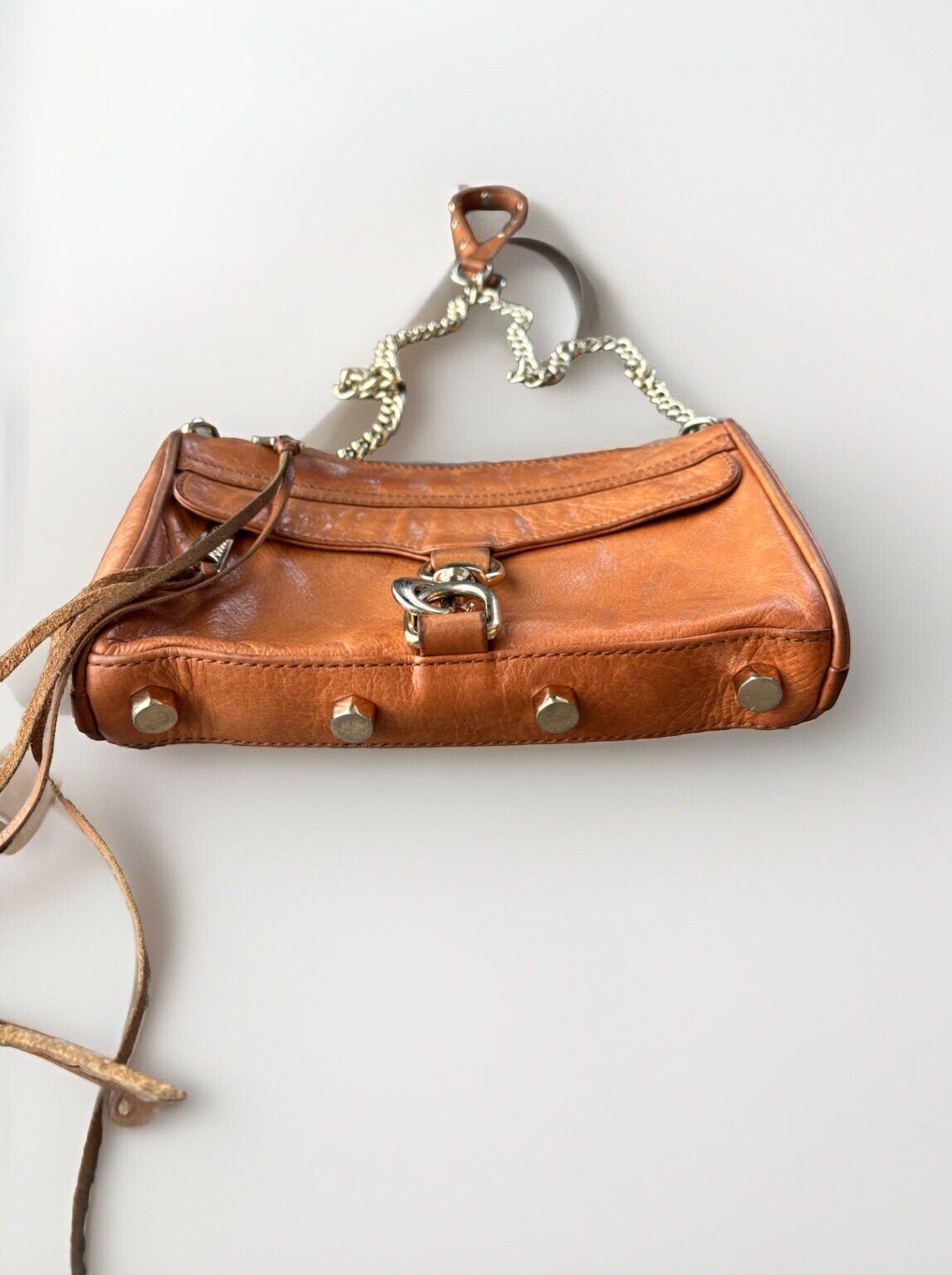 Rebecca Minkoff Mini Mac Brown Leather Crossbody Purse Bag Moto Gold Boho Chain