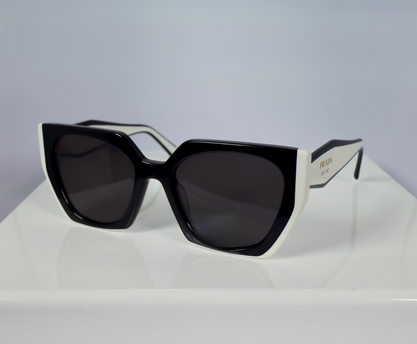Prada PR15WS 09Q5S0 Women’s Rectangle Sunglasses in Black and White/Gray Lens