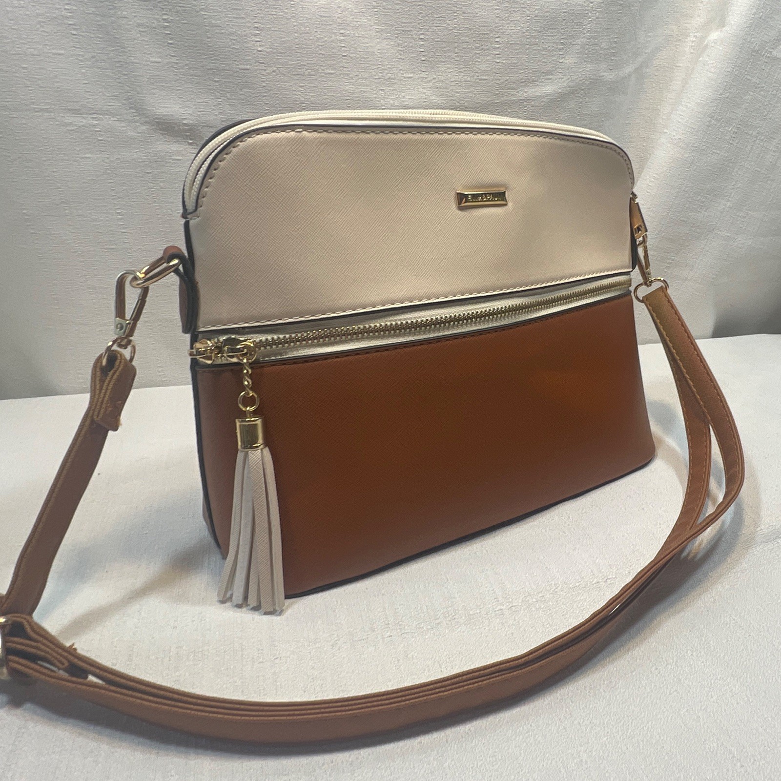 Elim & Paul Two-Tone Crossbody Bag – Brown & Cream Faux Leather – Excellent Cond