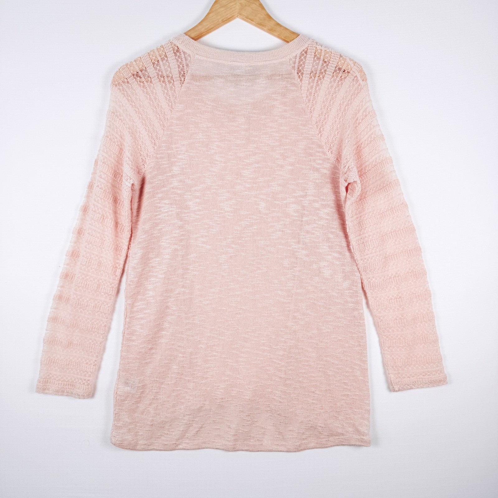 Womens Peach Pink Open Knit Crochet Sleeve Sweater Top Size M Long Sleeve Boho
