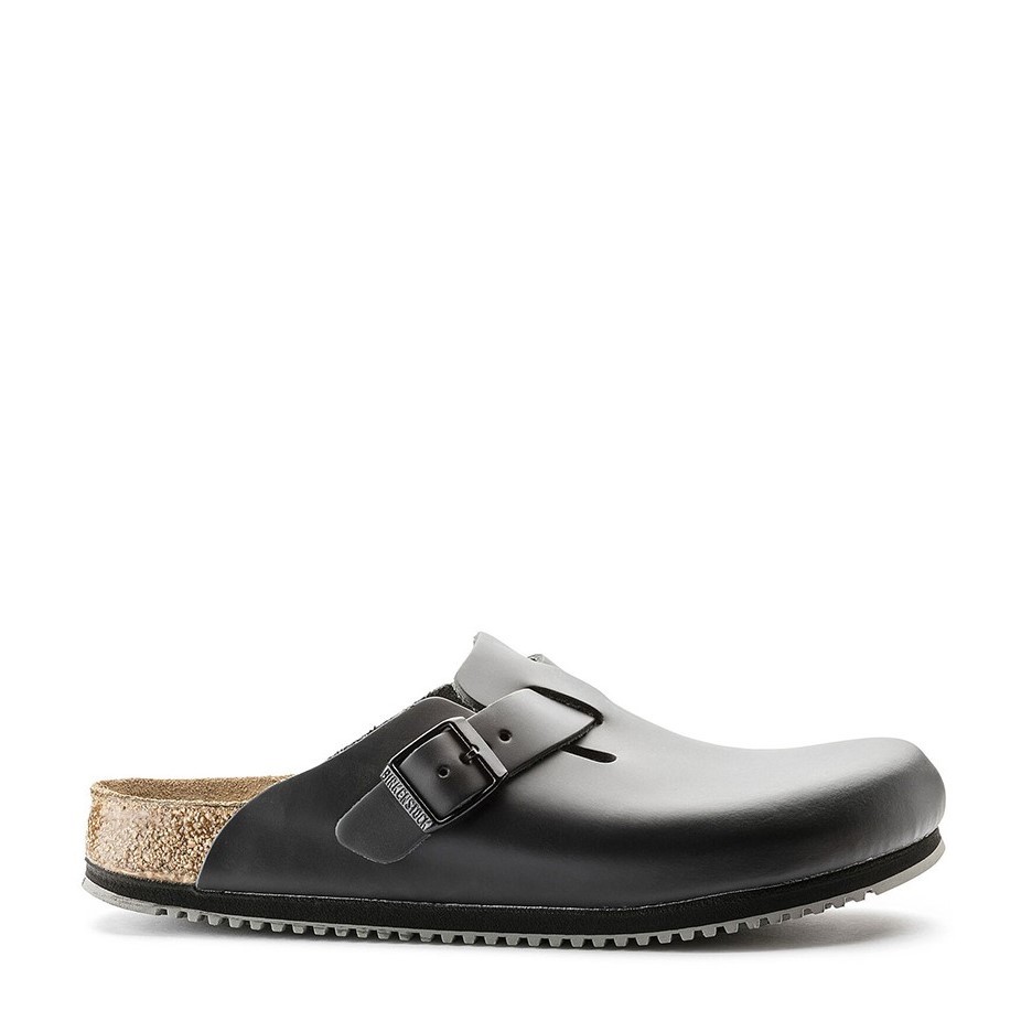 BIRKENSTOCK BOSTON SUPER GRIP BLACK MEDIUM/NARROW WIDTH LEATHER CLOGS SABOT NON-