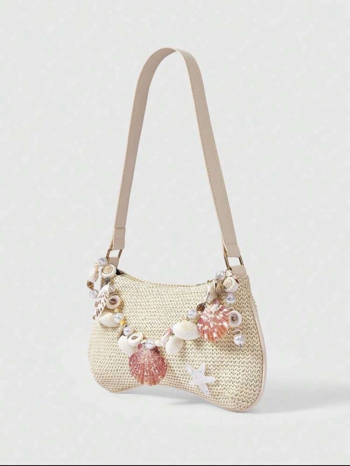 Woven Straw Inspired Crescent Shoulder Bag with Shell Pearl Starfish Accents