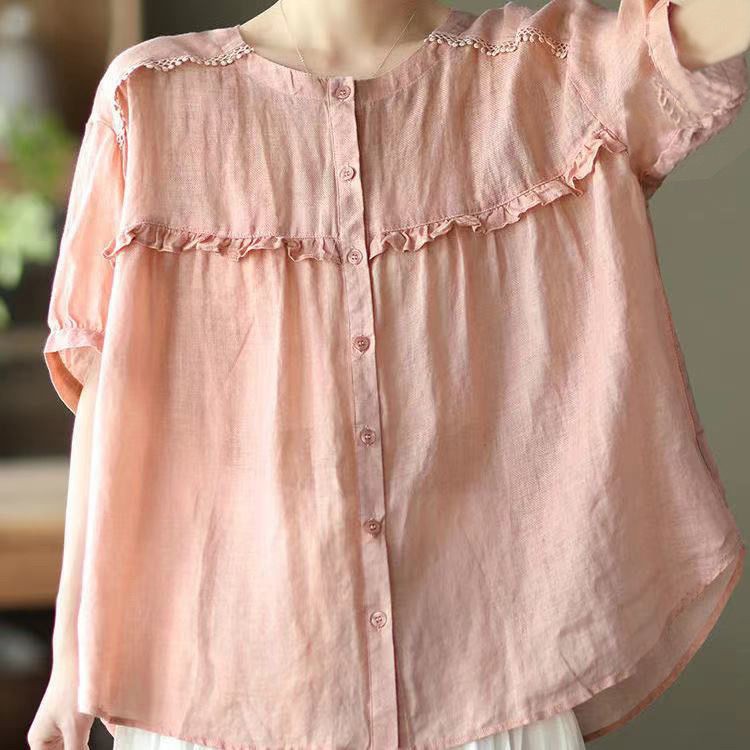 Women’s Cotton Ruffle Trim Blouse Loose Fit Casual Korean Style Solid Color Top