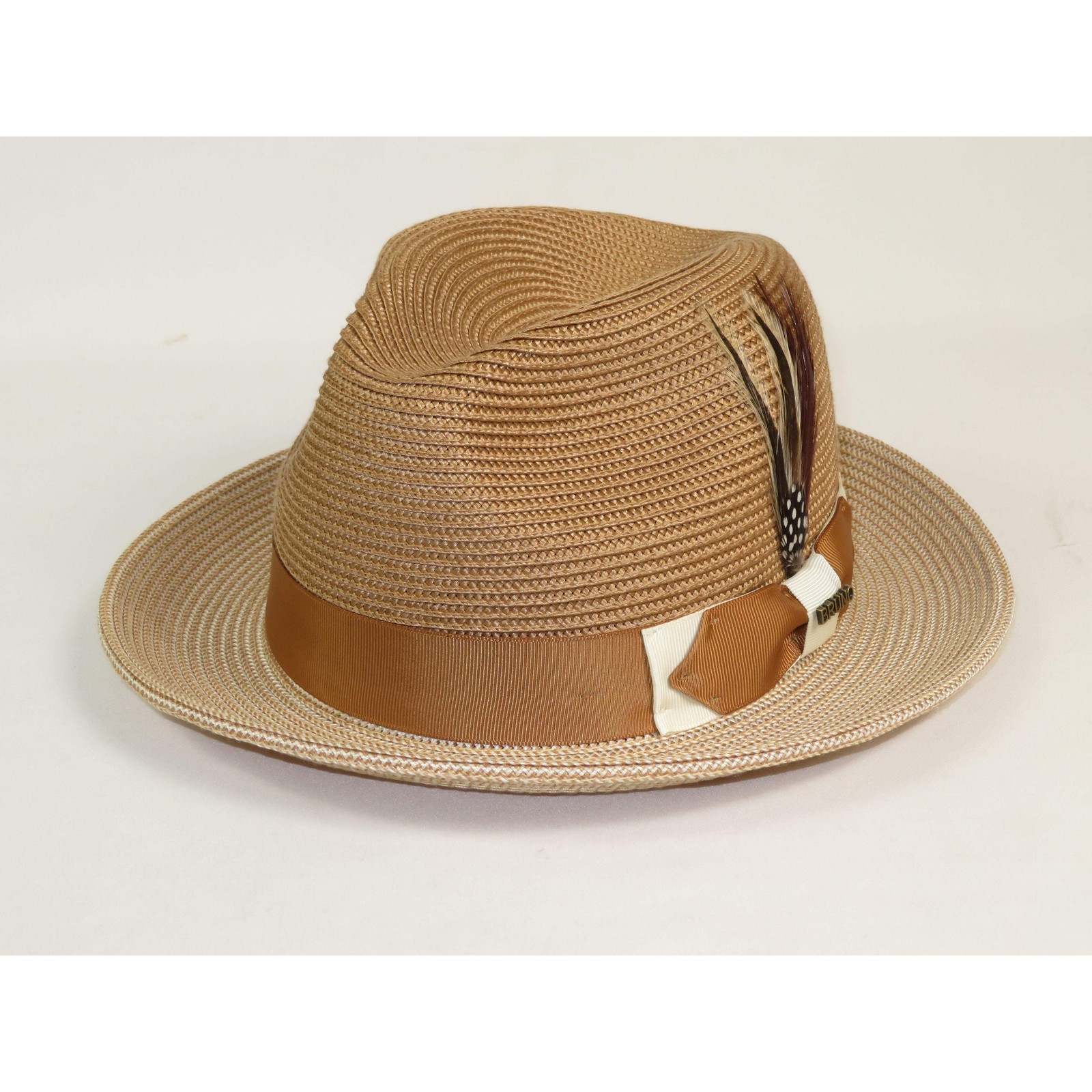 Men’s Bruno Capelo Natural Straw Fedora Hat MONOCO MC791 Ivory/Cognac