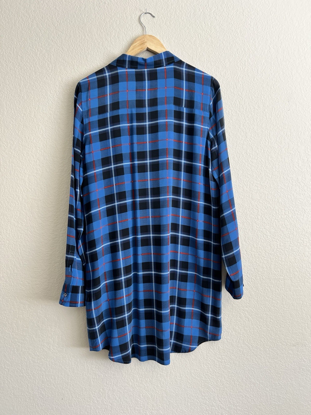 Equipment Femme 100% Silk Plaid Button-Up Shirt Dress Blouse Tunic V-Neck L/G