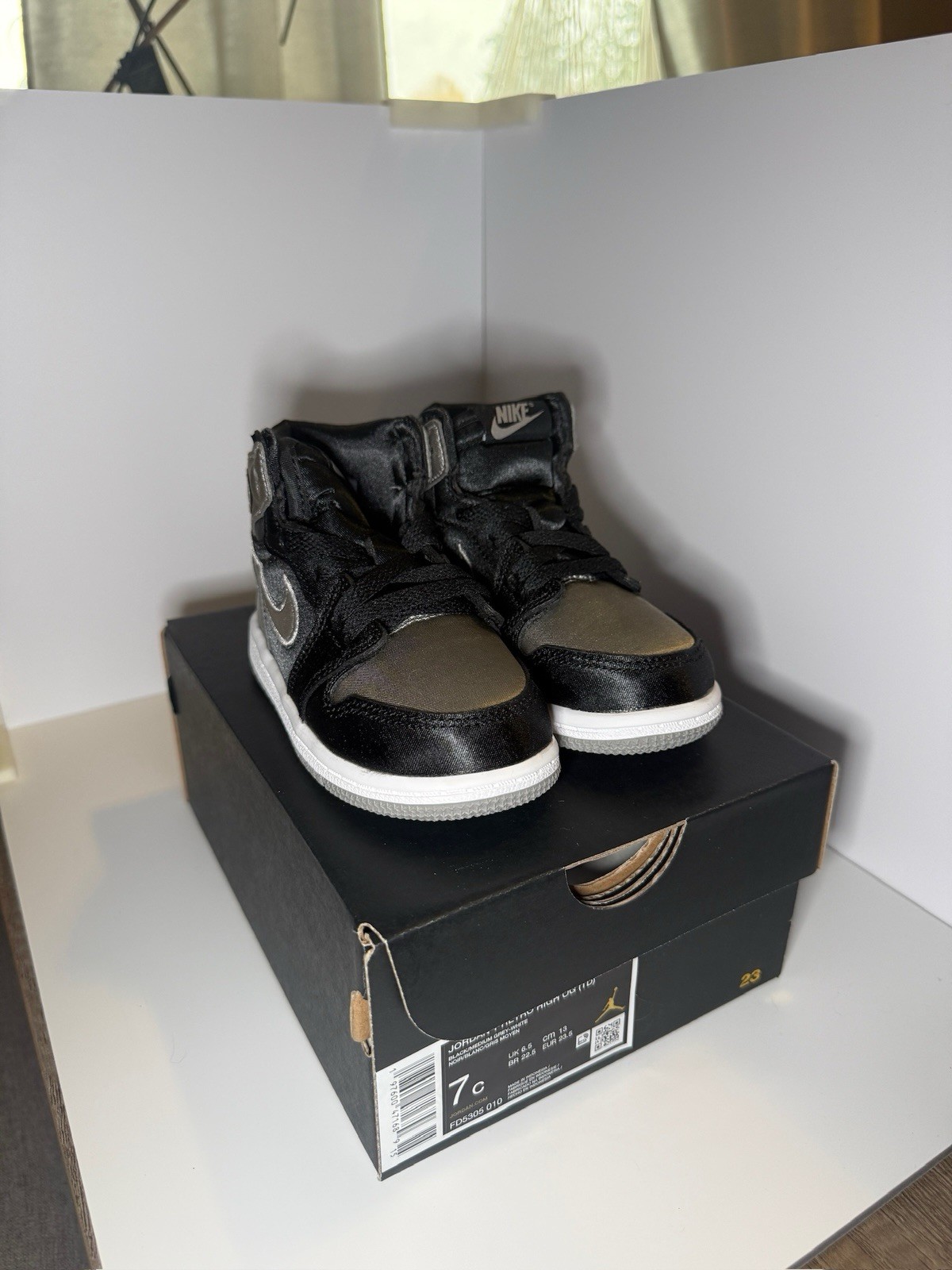 Nike TD Air Jordan 1 Retro High OG Satin Shadow Black/Grey FD5305-010 Size 7c