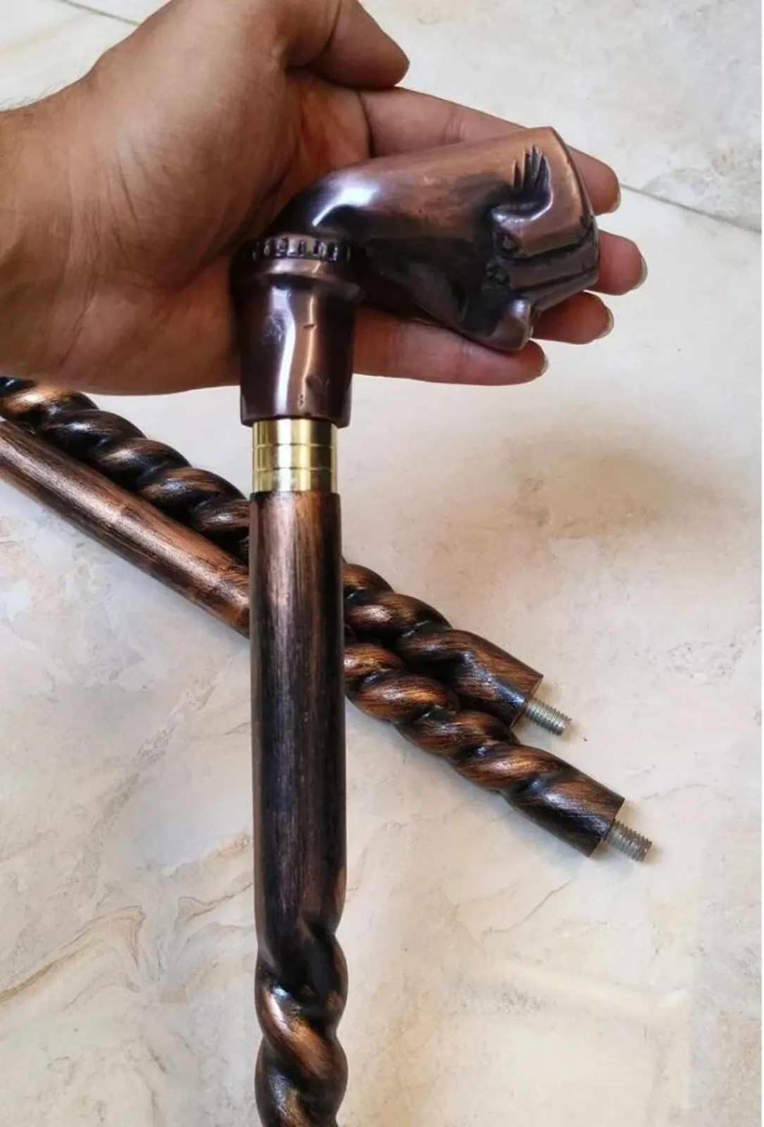 Antique Brass Punch Handle Walking Stick – Handmade Nautical Vintage Wooden Cane