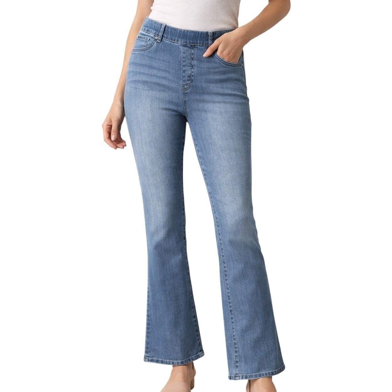 Quince Nina Pull-On Stretch Kick Flare Jeans Laguna Blue XL High Rise Denim