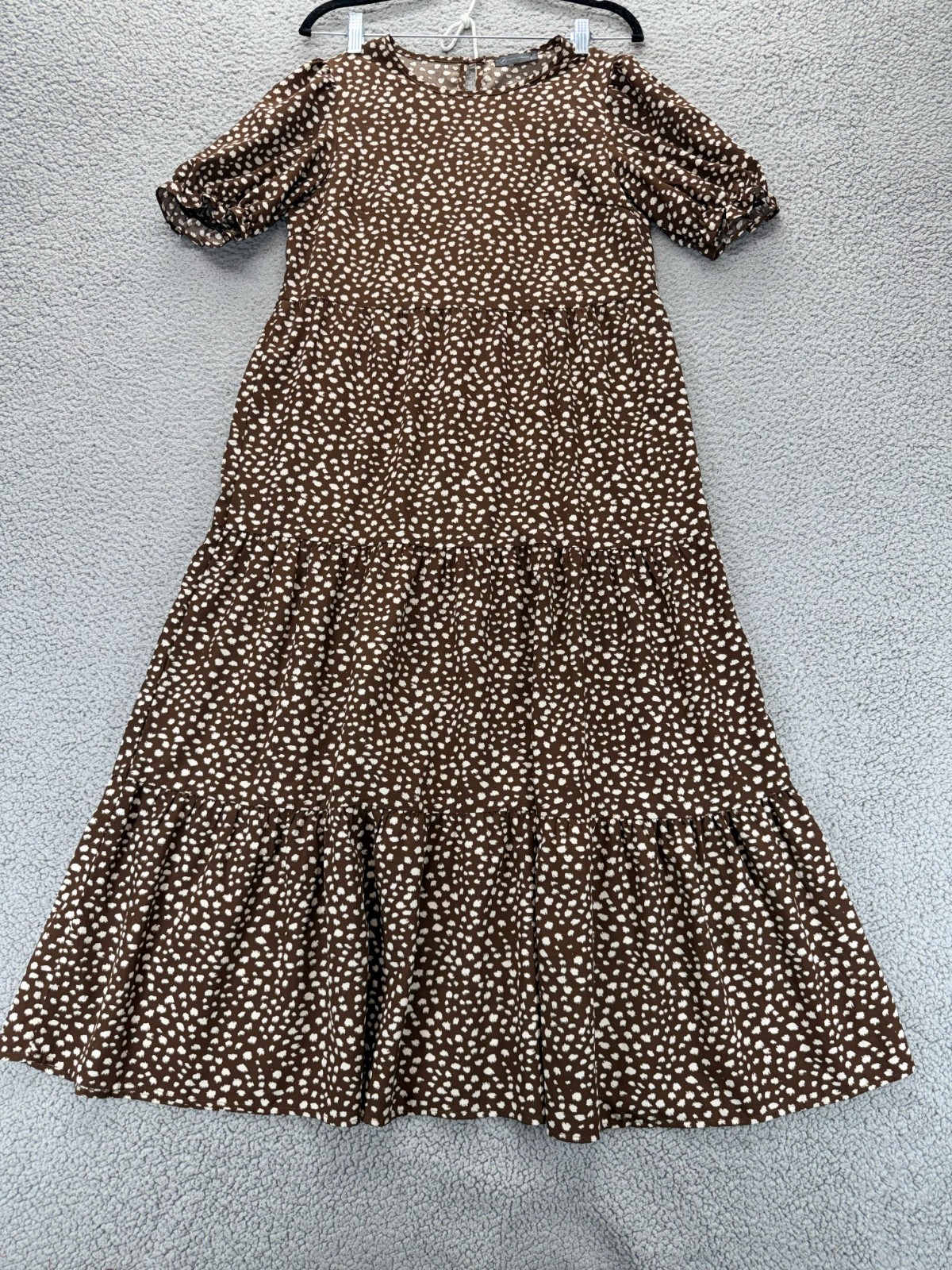 PrettyGarden Brown White Size S Tiered Boho Chic Puff Sleeve Knee Length Dress