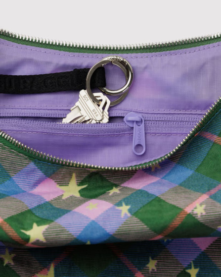 NWT Baggu Medium Nylon Crescent Crossbody Bag Green Star Plaid New With Tag