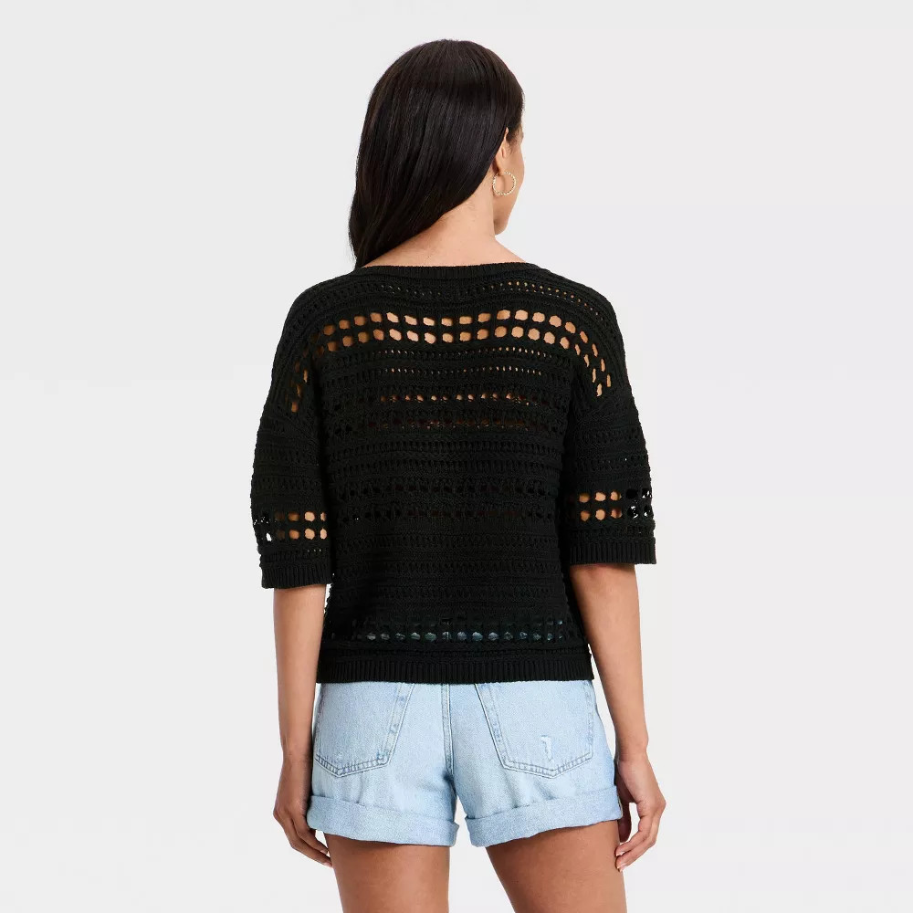 Women Short Sleeve Openwork V-Neck Pullover Sweater – Universal