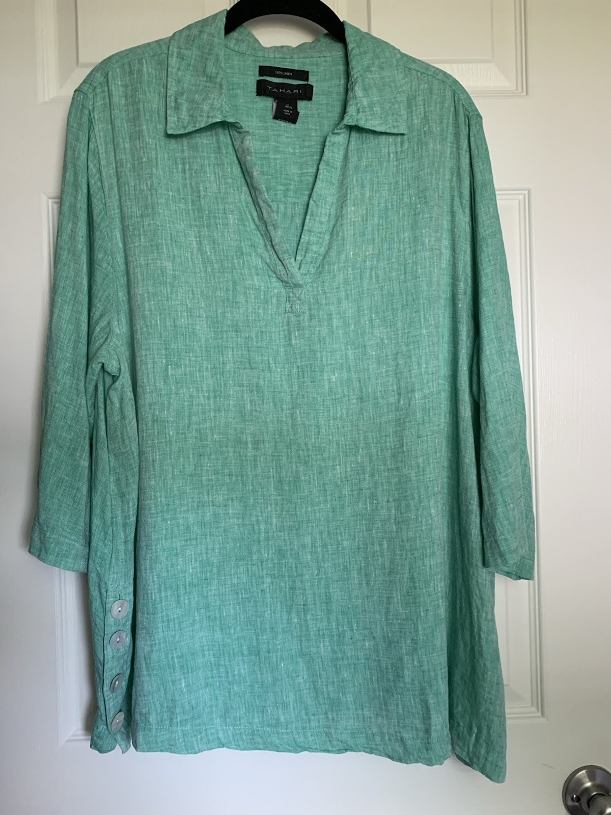 Tahari 100% Linen 3/4‎ Sleeve Tunic Size 1x Light Green Side Button Popover Top