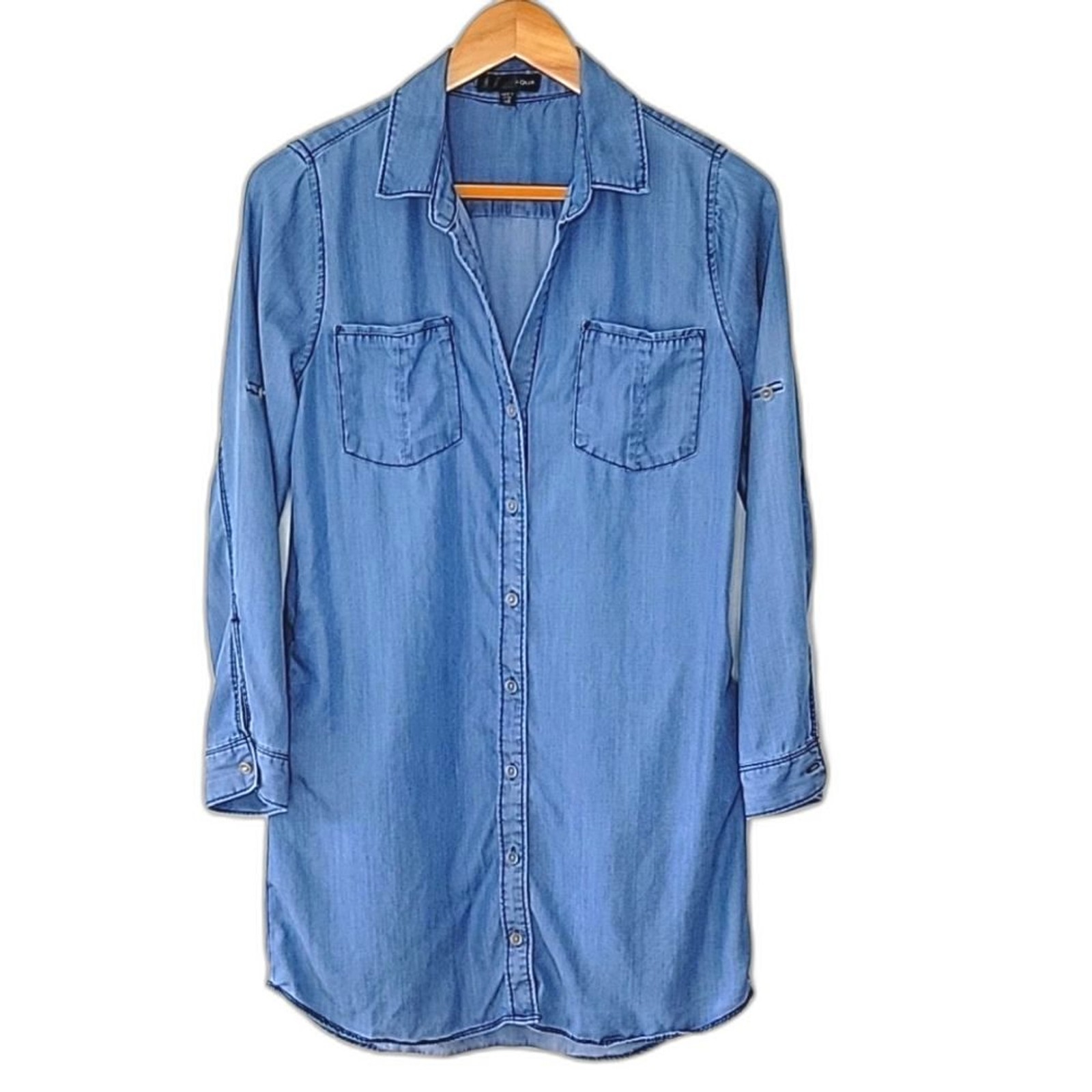 AQUA Bloomingdale’s Blue 100% Tencel Long Sleeve Collared Tunic Shirt size XS