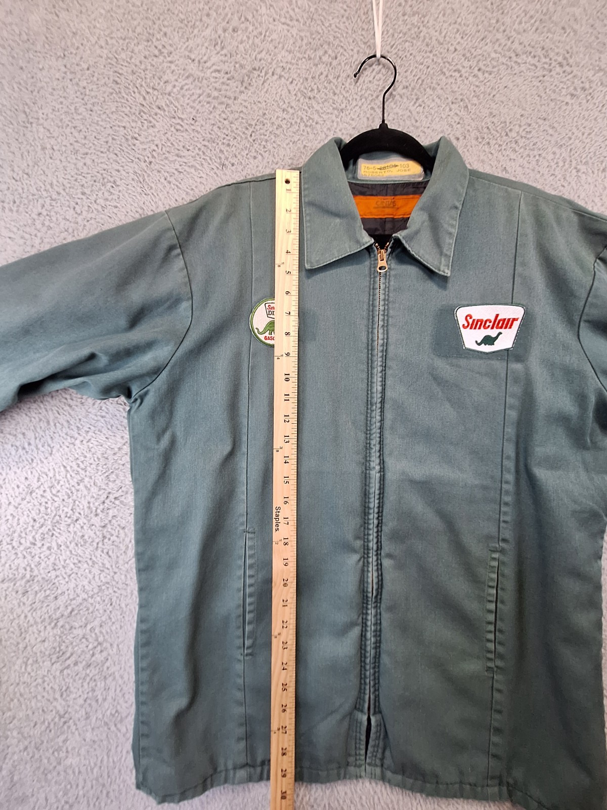 Vtg Cintas Jacket Sinclair Patches Service Work Mens L Gray Quilted Lined Zip Up