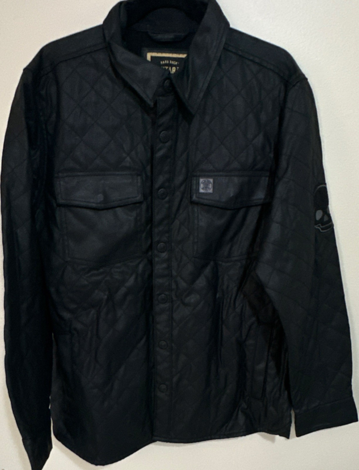 Hard Rock Guitar Co Men’s Black Quilted Skull Logo Jacket L Button Embroidered