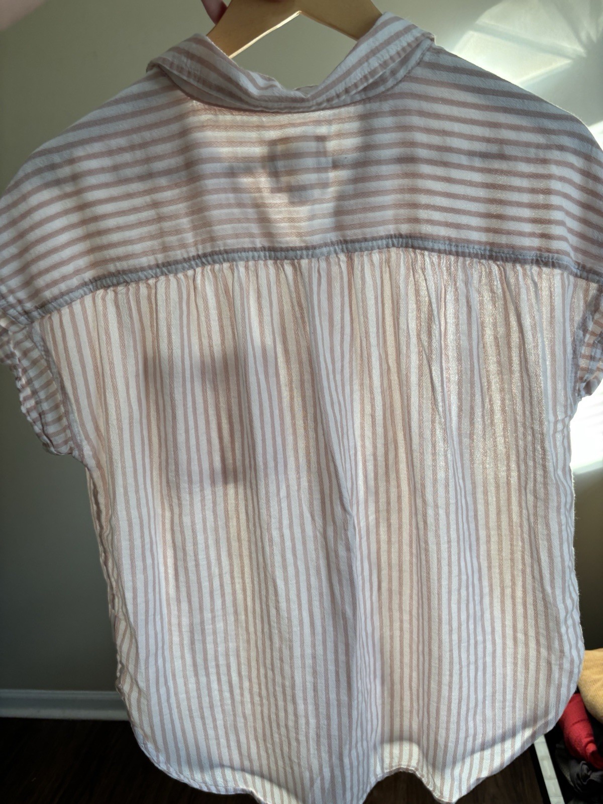 American Eagle Outfitters Pink/White Striped Button-Up Collared Cap Sleeve M