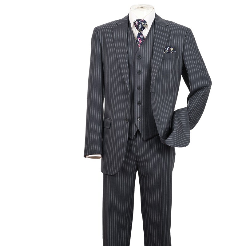 Men’s 3 piece Luxurious Pinstriped Suit 2 Button Navy Black Brown Gray 38R~56L