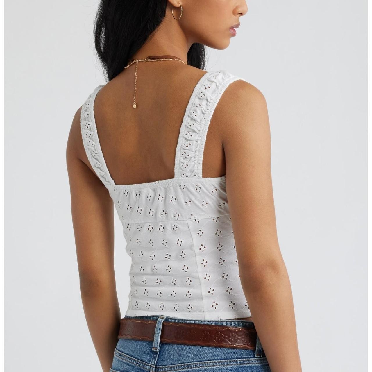 Women’s White Cotton Woven Eyelet Square Neck Sleeveless Wide Strap Tank