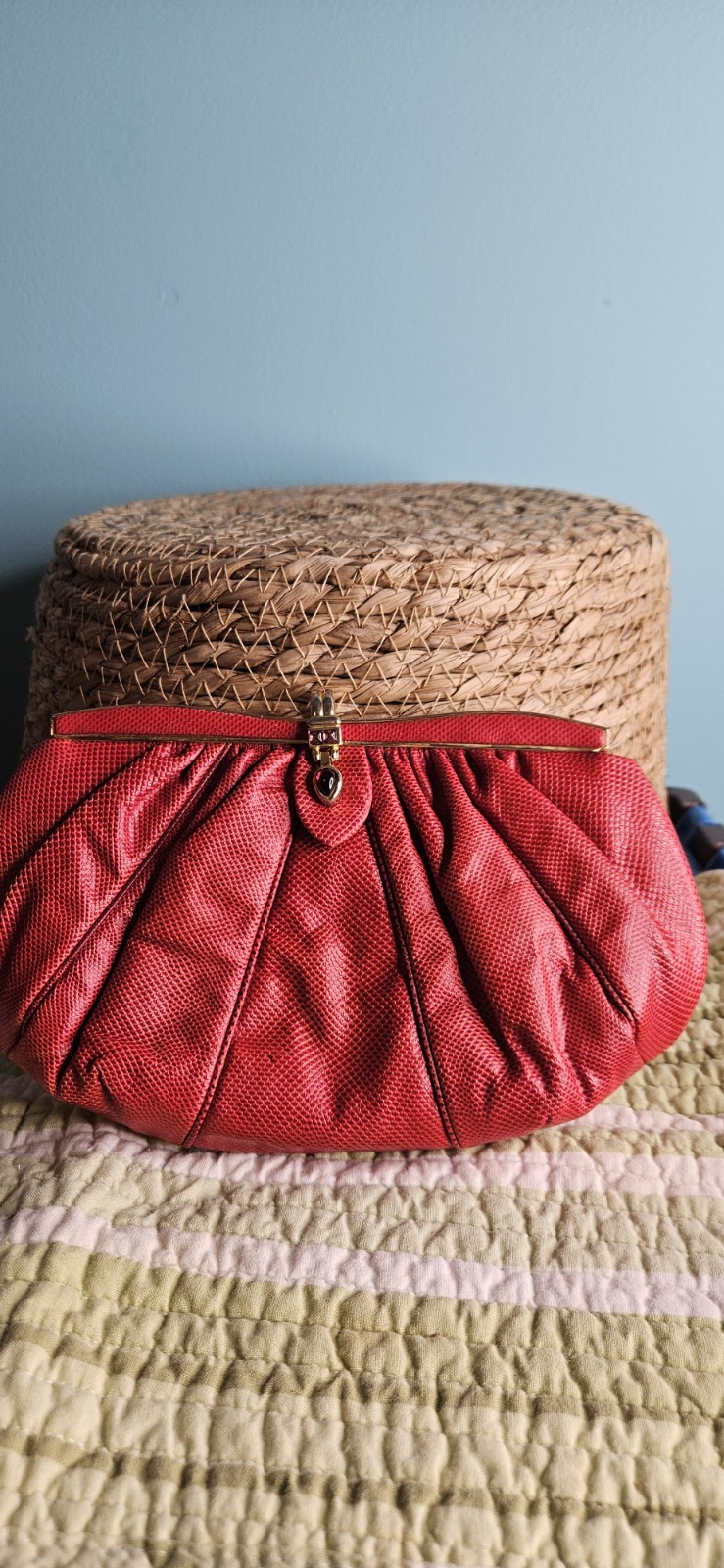 Judith Leiber Red Textured Pleated Clutch Gem Accent Clasp Gold Strap