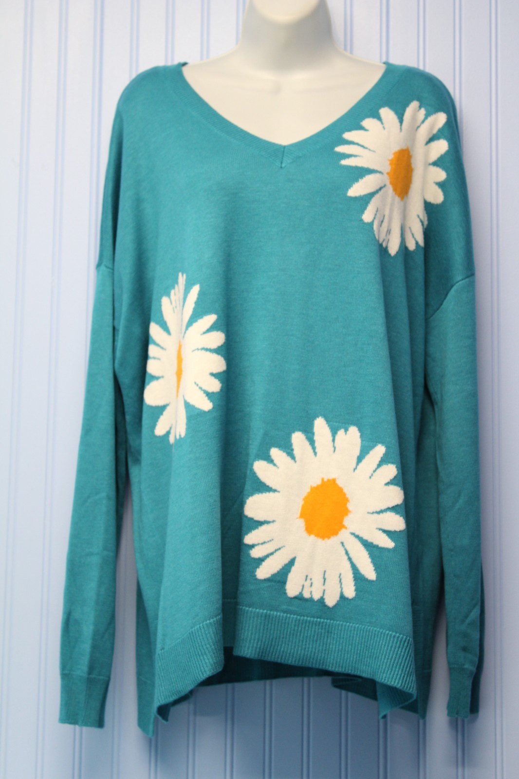 Laurie Felt teal cashmere blend large daisy print v neck l/s pullover sweater XL