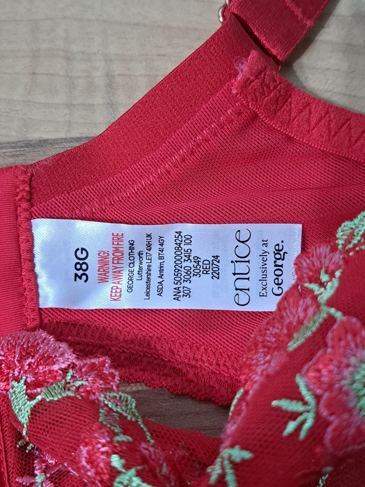 Womens Underwired Deep Red Embroidered Bra 38G