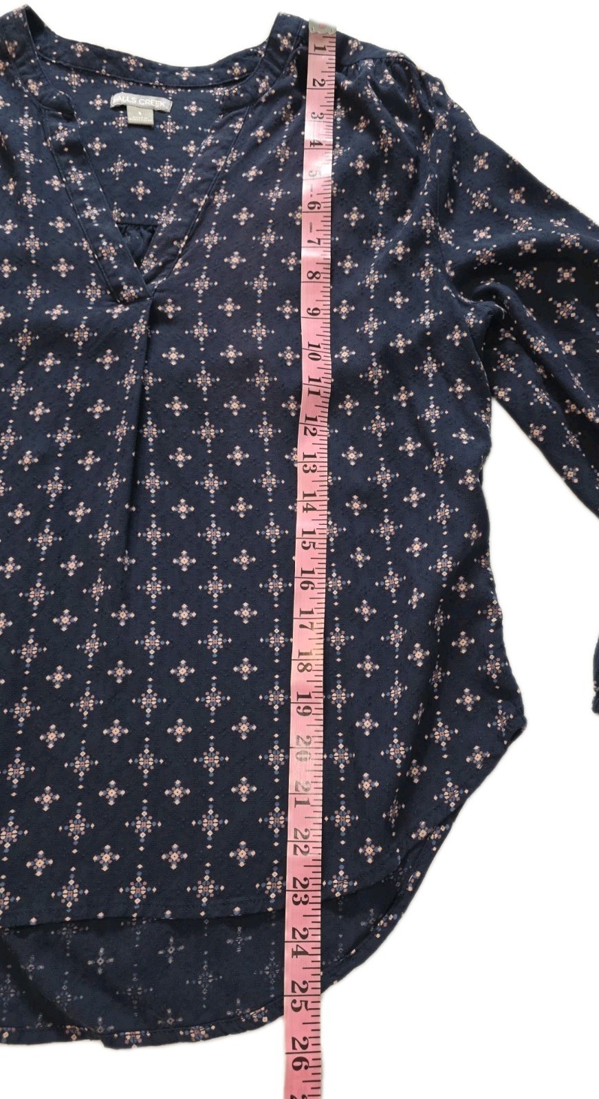 Falls Creek Navy Blue Geometric Bell Sleeve Pullover Blouse Women’s Size S