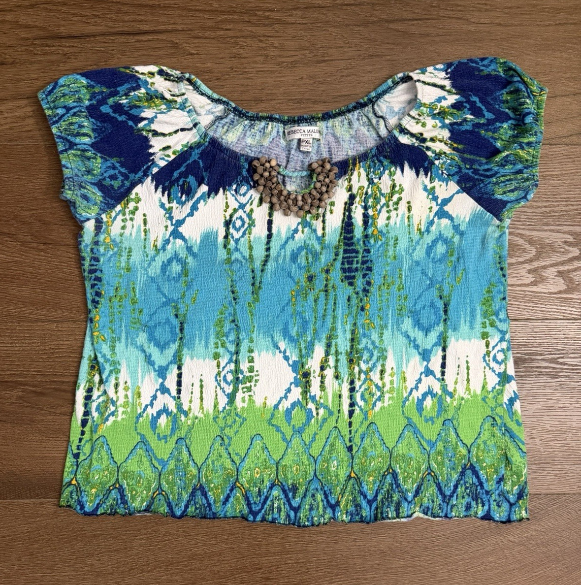 Rebecca Malone Petite PXL Blue/Green/White Geometric Beaded Scoop Blouse