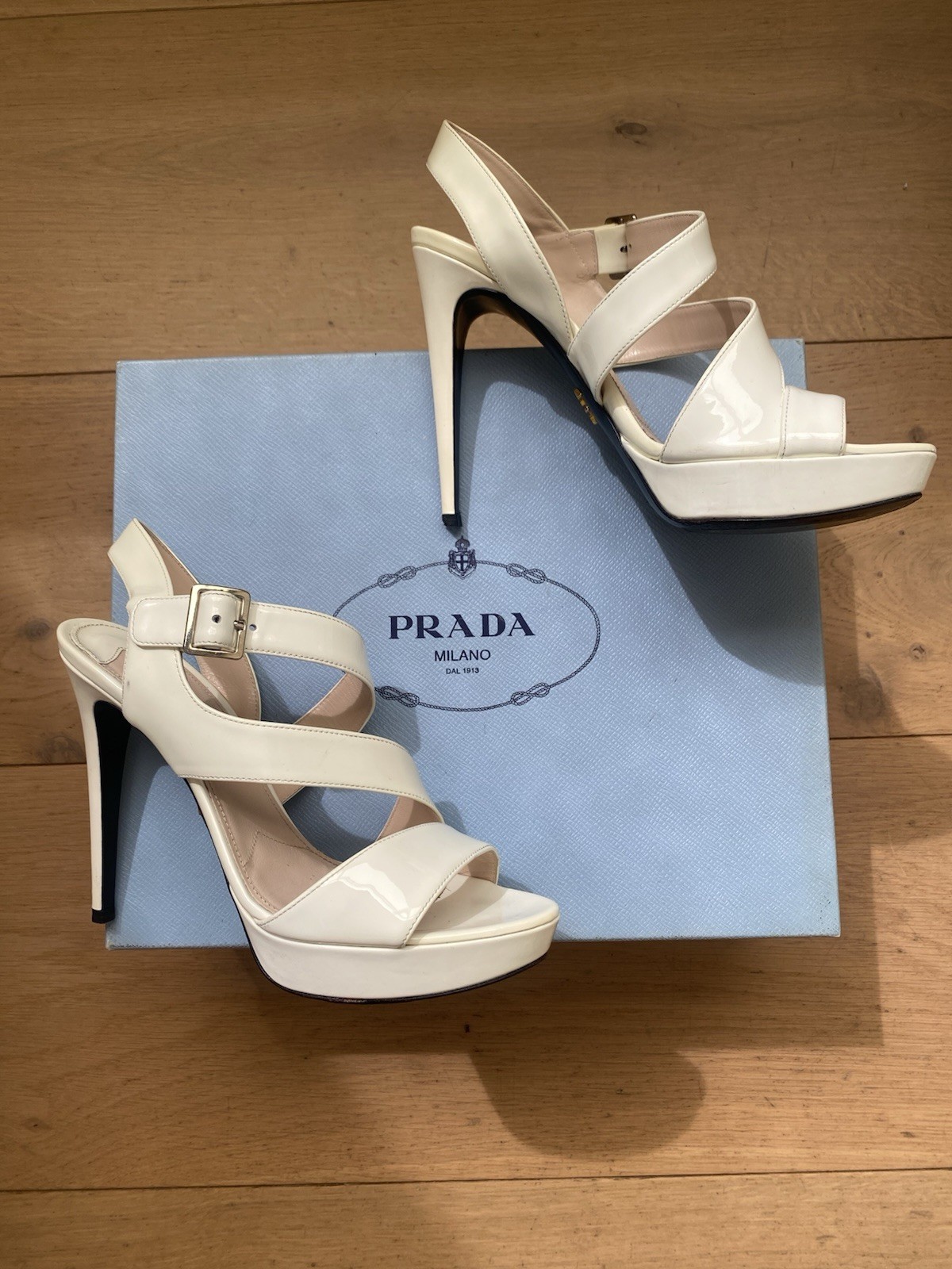 PRADA Leather Stiletto Strappy Sandals Heels 12cm in Bianco/cream 37.5 Aus 6.5