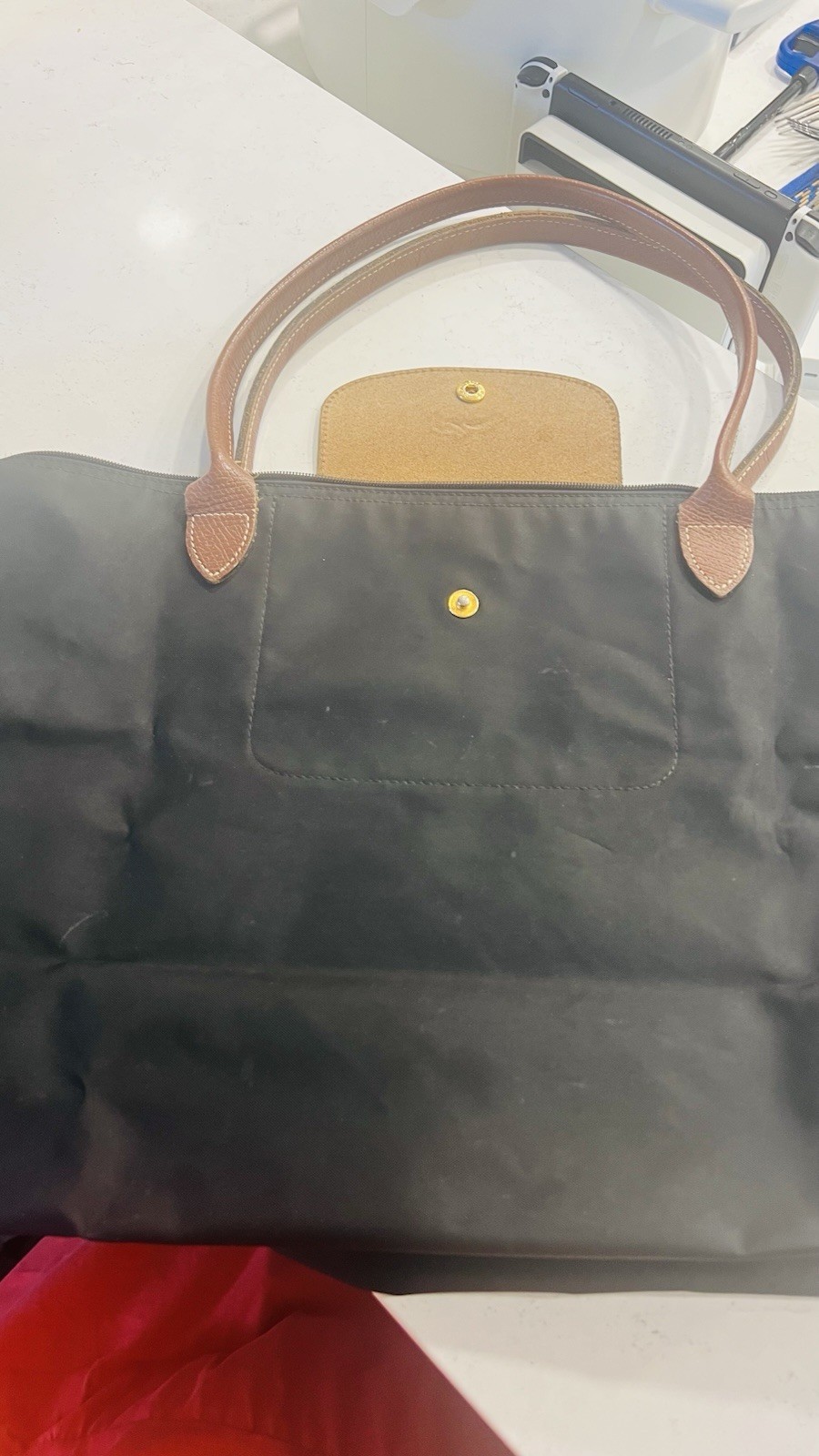 Longchamp Le Pliage Large Black Tote, Brown Leather Handles, Gold Hardware