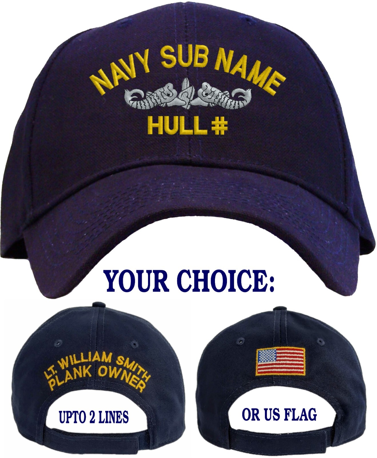 Personalized US Naval Submarine with Name of Your Choice Embroidered Cap