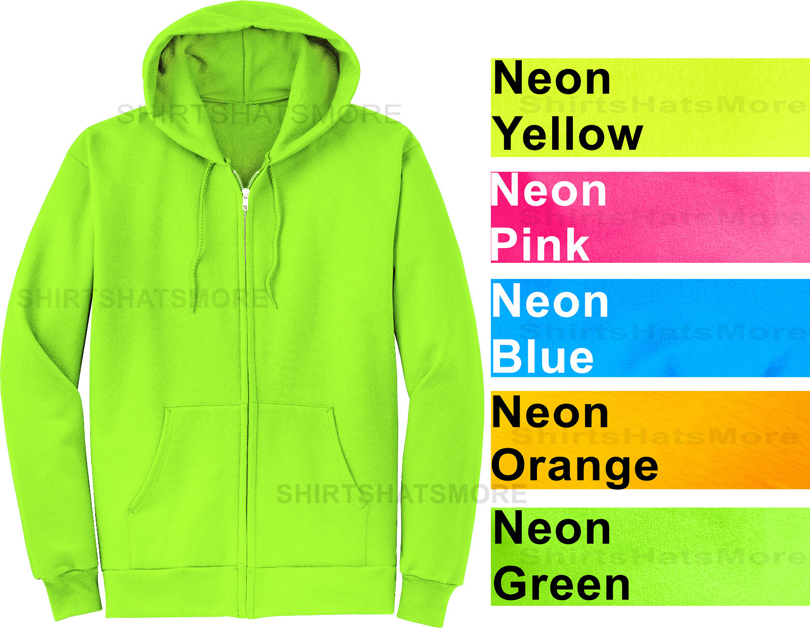 Mens Full Zip Hooded Sweatshirt NEON Hoodie Hoody Sizes S-6XL Cotton/Poly NEW