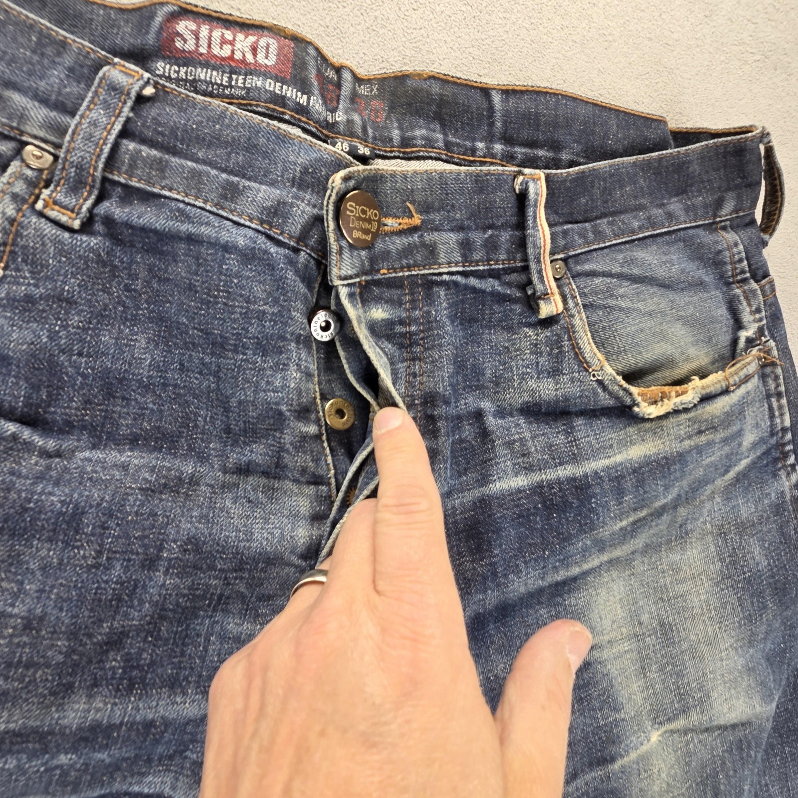 Sicko Jeans Mens Blue Selvedge Buckle Back Whiskers Fits 36×32