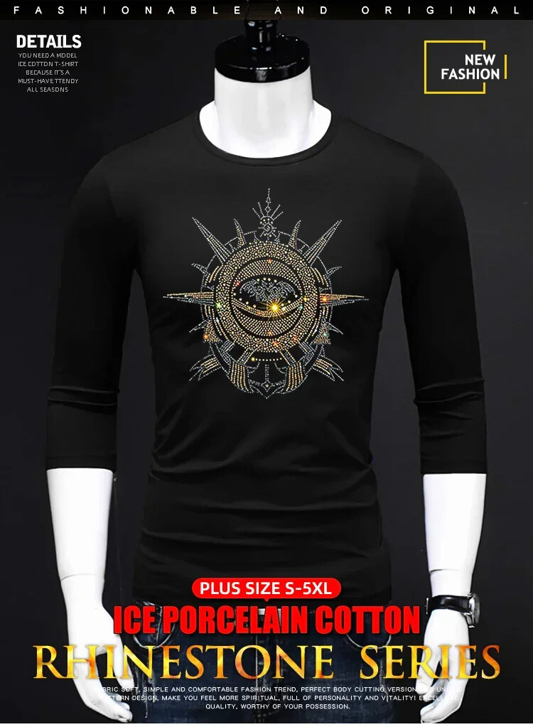 Fashion Trend Stone Rhinestones Streetwear Long Sleeve Luxury Men V-Neck T-Shirt